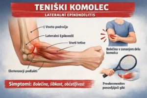 Medicinska ilustracija anatomije komolca, ki prikazuje teniški komolec, poudarek na vnetju ekstenzorskih tetiv in bolečem lateralnem epikondilu.