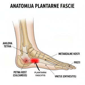 Anatomski prikaz človeškega stopala s poudarkom na plantarni fasciji, petni kosti (calcaneus) in vnetnih točkah, značilnih za plantarni fasciitis.