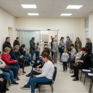 Polna čakalnica ljudi pred ambulanto v zdravstvenem domu.
