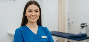 Prijazen fizioterapevt na recepciji sodobne klinike, ki predstavlja profesionalno in varno okolje za rehabilitacijo.