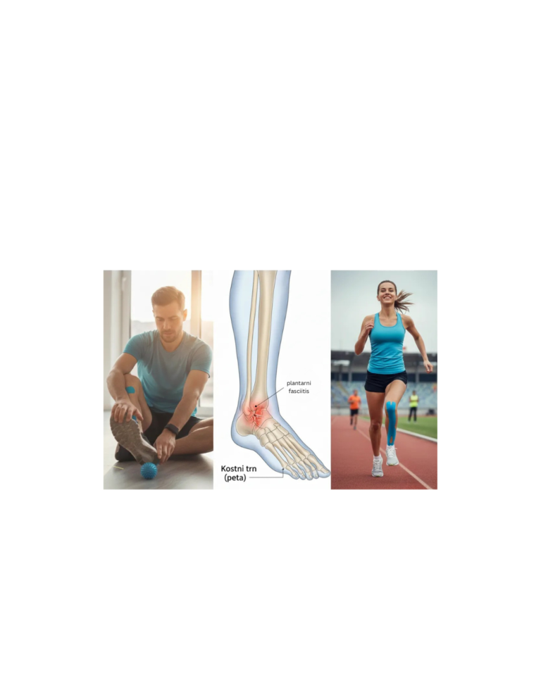 Športnik z bolečino v peti zaradi plantarnega fasciitisa med pripravami na trening – prikaz mesta bolečine in rehabilitacije.