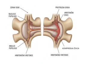 Anatomski prikaz razlike med zdravim medvretencačnim diskom in protruzijo diska s kompresijo hrbteničnega živca.