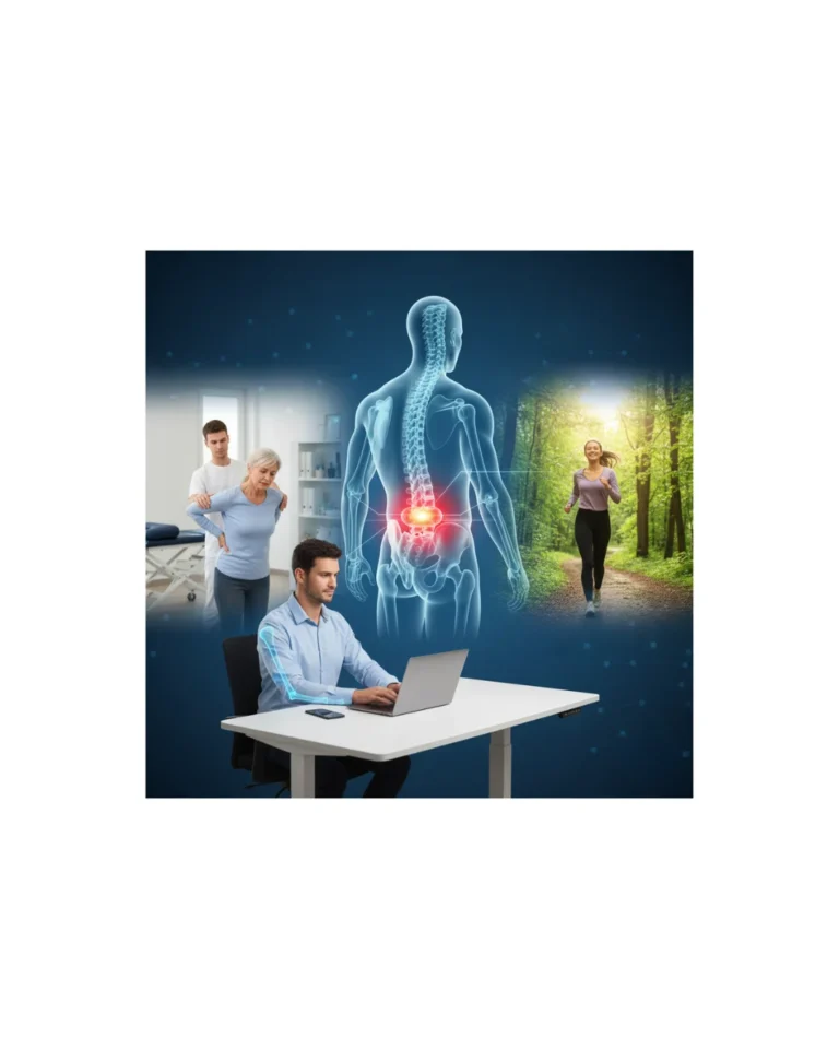 Anatomski prikaz protruzije diska v ledveni hrbtenici z vizualizacijo mesta bolečine in strokovne obravnave hrbtenice.