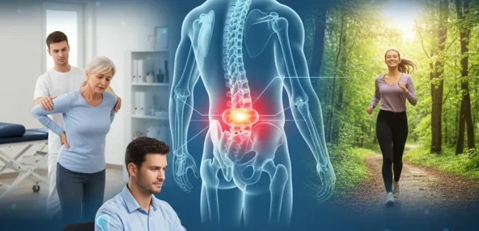 Anatomski prikaz protruzije diska v ledveni hrbtenici z vizualizacijo mesta bolečine in strokovne obravnave hrbtenice.