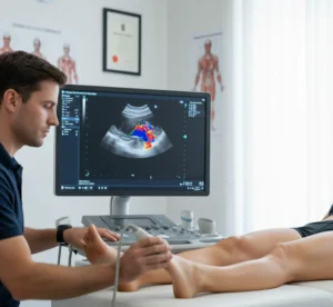 Specialistični diagnostični ultrazvok tetive in narastišča za natančno določanje stopnje vnetja pri entezopatiji v centru Ovelis.
