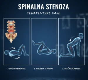 Infografika s tremi terapevtskimi vajami za spinalno stenozo: nagib medenice, kolena k prsim in mačka-kamela.