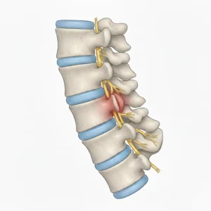 Anatomski model hrbtenice, ki prikazuje hernijo diska in pritisk na živčno korenino.