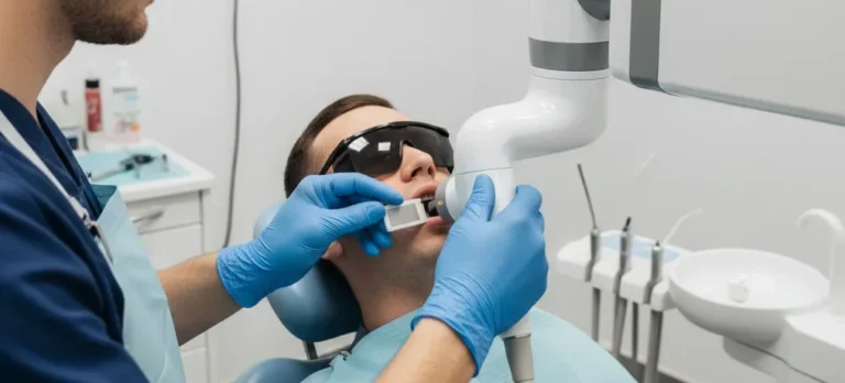 Zobozdravnik namešča digitalni senzor za intraoralni posnetek, medtem ko je na zaslonu viden ortopan čeljusti.