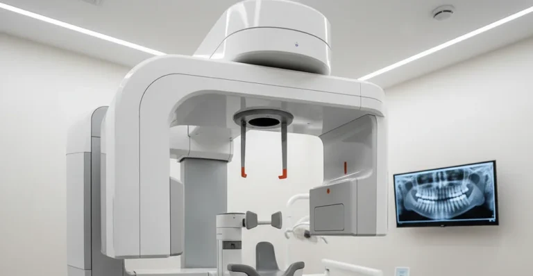 Digitalni ortopantomogram (ortopan), ki prikazuje celotno zgornjo in spodnjo čeljust, zobne korenine in čeljustne sklepe.