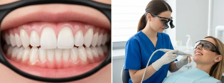 Kolaž dveh fotografij, ki prikazujejo preventivni zobozdravstveni pregled, RTG diagnostiko in profesionalno čiščenje zob.