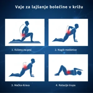 Štiri učinkovite vaje za lajšanje bolečine v križu: koleno na prsi, nagib medenice, mačka-krava in rotacija trupa.