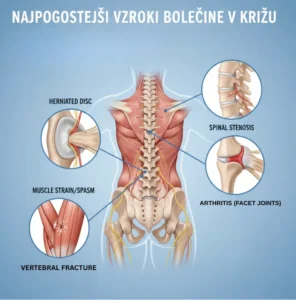 Infografika najpogostejših vzrokov za bolečine v križu, vključno s hernijo, spinalno stenozo in artritisom.