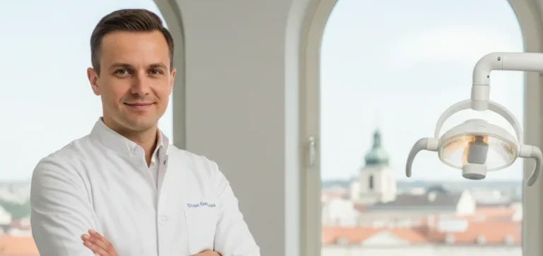 Nasmejan zobozdravnik v beli delovni halji stoji ob zadovoljni pacientki, ki sedi na zobozdravniškem stolu v svetli, moderni ordinaciji.
