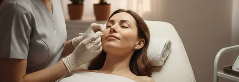 Estetska strokovnjakinja v ordinaciji pripravlja pacientko na glajenje gub s filerji.