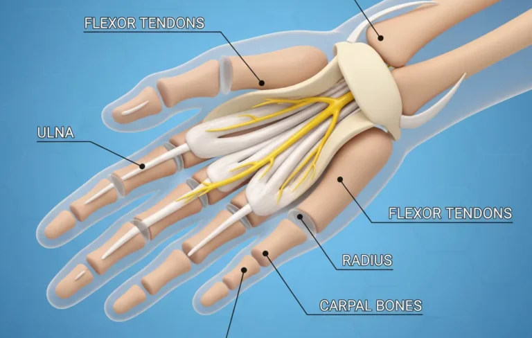Anatomski prikaz človeške dlani in zapestja z označenim medianim živcem, upogibalkami in karpalnim kanalom.