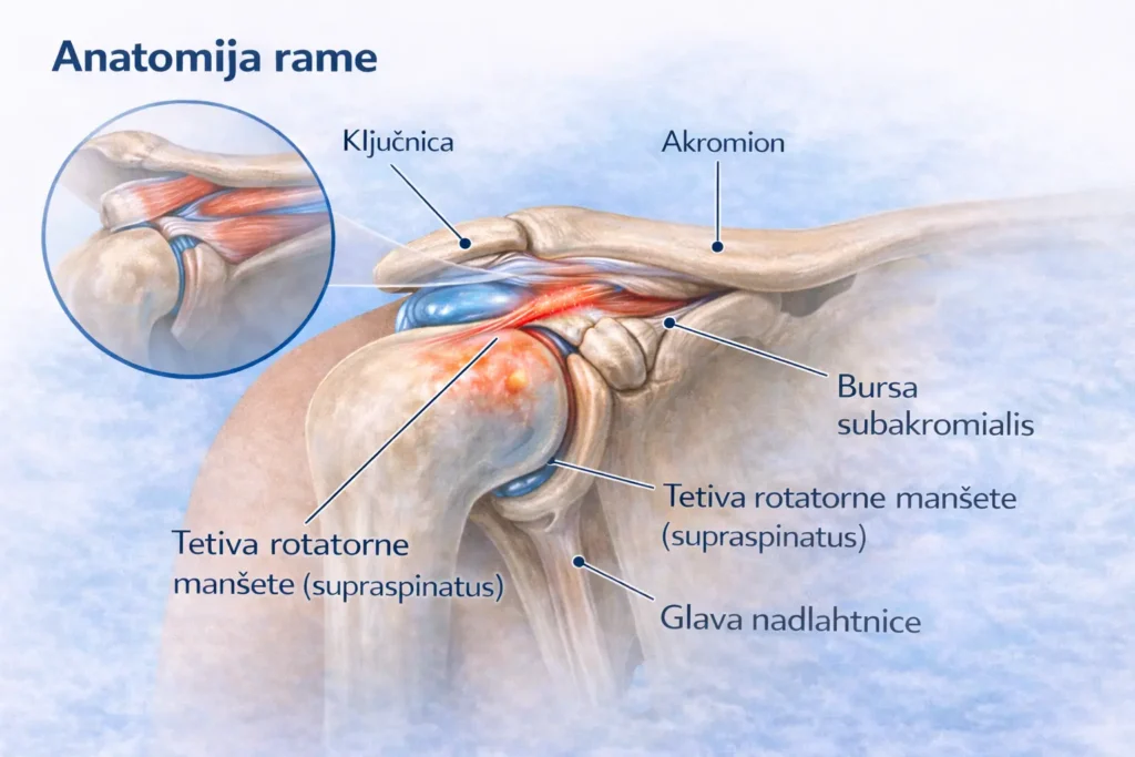 Anatomski prikaz rame z označenimi strukturami: ključnica, akromion, bursa subakromialis, tetiva rotatorne manšete in glava nadlahtnice.