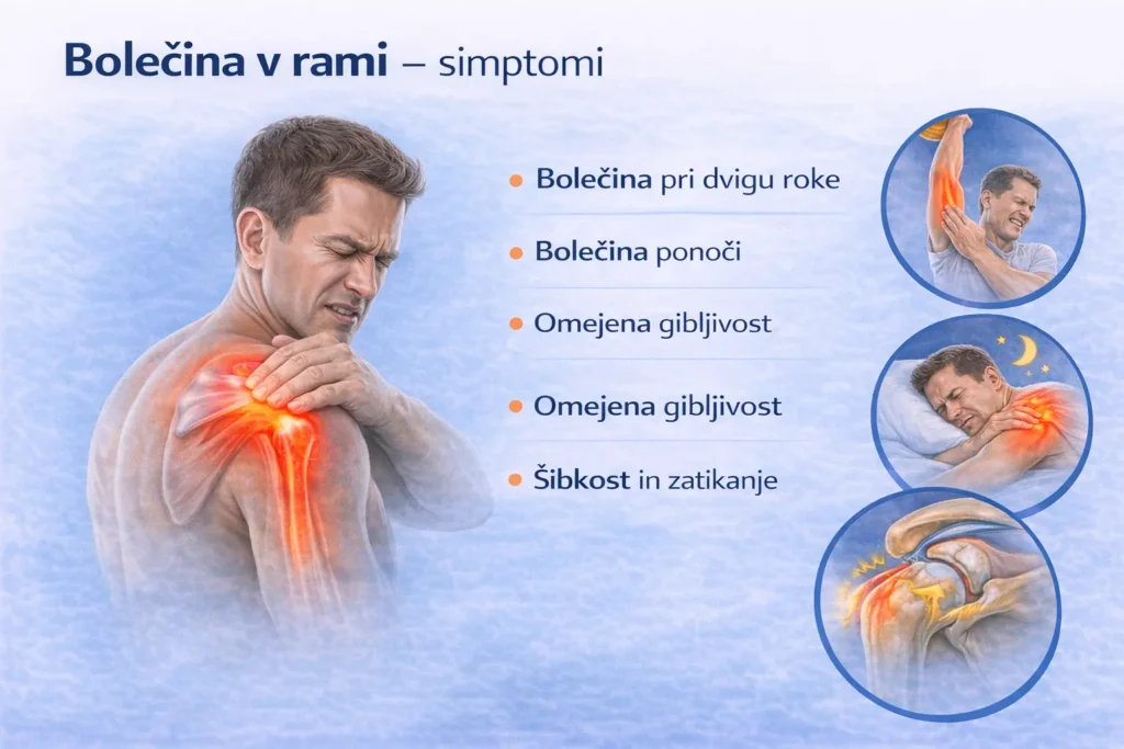 Infografika simptomov bolečine v rami: bolečina pri dvigu roke, nočna bolečina, omejena gibljivost sklepa ter šibkost in zatikanje v rami.