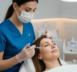 Strokovnjakinja v modri uniformi in z masko izvaja tretma z injekcijo na obrazu pacientke v estetski kliniki.