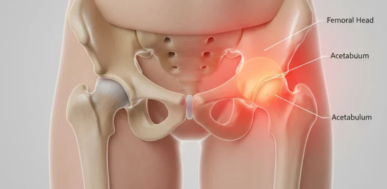 Anatomski prikaz vnetja kolčnega sklepa z označenimi deli: stegnenična glava in ponvica (acetabulum).