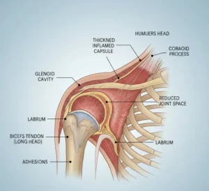 Anatomski diagram zamrznjene rame z označenim vnetjem kapsule in adhezijami.