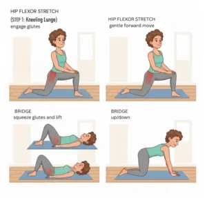 Prikaz terapevtskih vaj za kolk: razteg upogibalk kolka (hip flexor stretch) in vaja most (bridge).