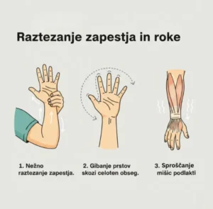 Ilustracija treh vaj za raztezanje zapestja in sproščanje mišic podlakti za lajšanje težav s karpalnim kanalom.