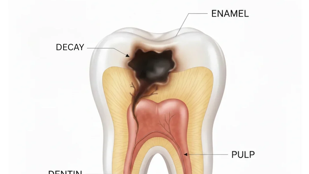 Prerez zoba, ki prikazuje karies, ki se širi skozi sklenino in dentin do zobne pulpe.