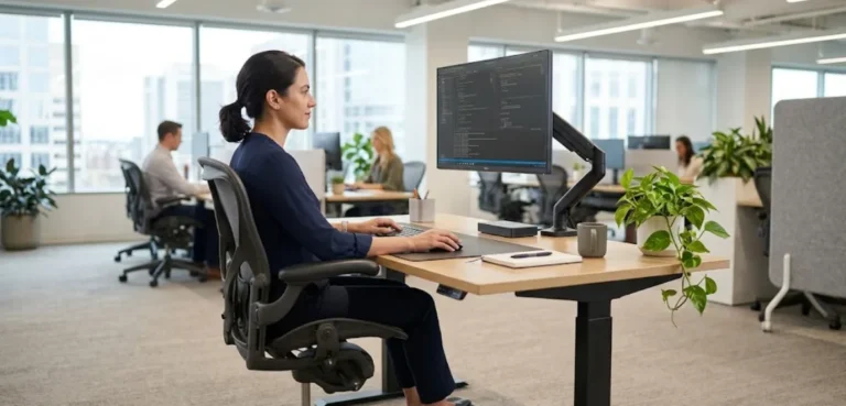 Optimalno ergonomsko delovno mesto s pravilno nastavitvijo stola, monitorja in tipkovnice.