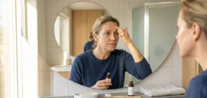 ženska uporablja serum za nego kože za zmanjšanje gub na čelu doma