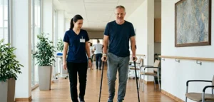 Pacient hodi z berglami po operaciji kolka v rehabilitacijskem centru