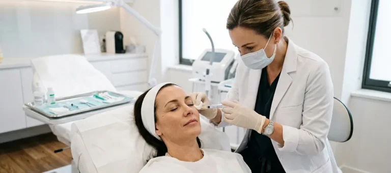 Injekcijski tretma za zmanjšanje gub okoli oči v estetski kliniki