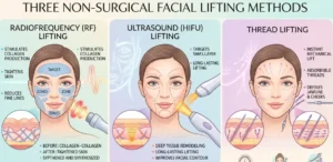 Prikaz metod minimalno invazivnega liftinga obraza kot so radiofrekvenca, ultrazvok in niti