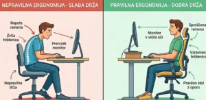 Primerjava nepravilne in pravilne ergonomije pri delu za računalnikom.
