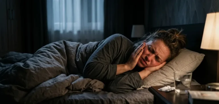 oseba z zobobolom ponoči v postelji