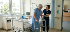 Pacient po operaciji kolka vstaja s pomočjo fizioterapevta v bolnišnici