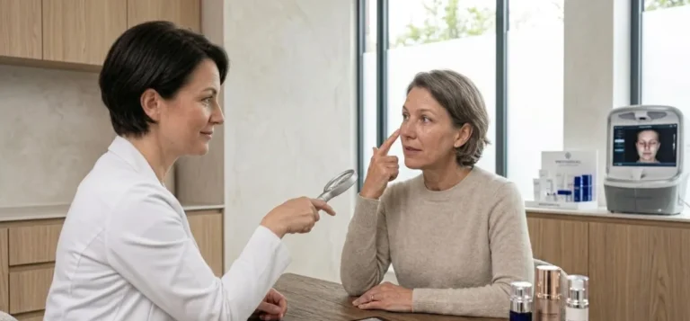 posvet za zmanjšanje mimičnih gub med pacientko in dermatologom v estetski kliniki