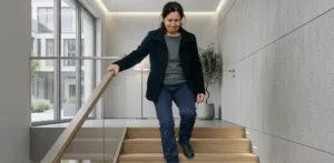 oseba z bolečino v kolenu med hojo po stopnicah