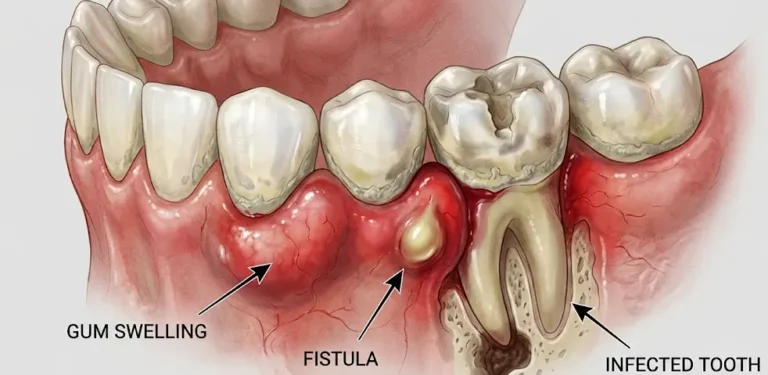 Fistula in oteklina dlesni pri granulomu