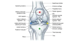 anatomski diagram kolena z označenimi strukturami in vzroki bolečine