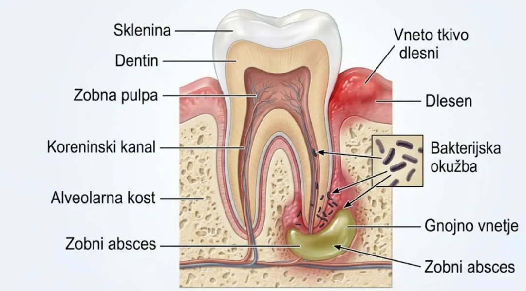 Prikaz abscesa zoba v korenini z vnetjem in gnojem